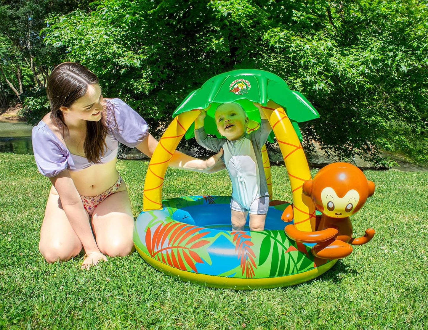 Learn-To-Swim Go Bananas Monkey Inflatable Kiddie Pool with Canopy