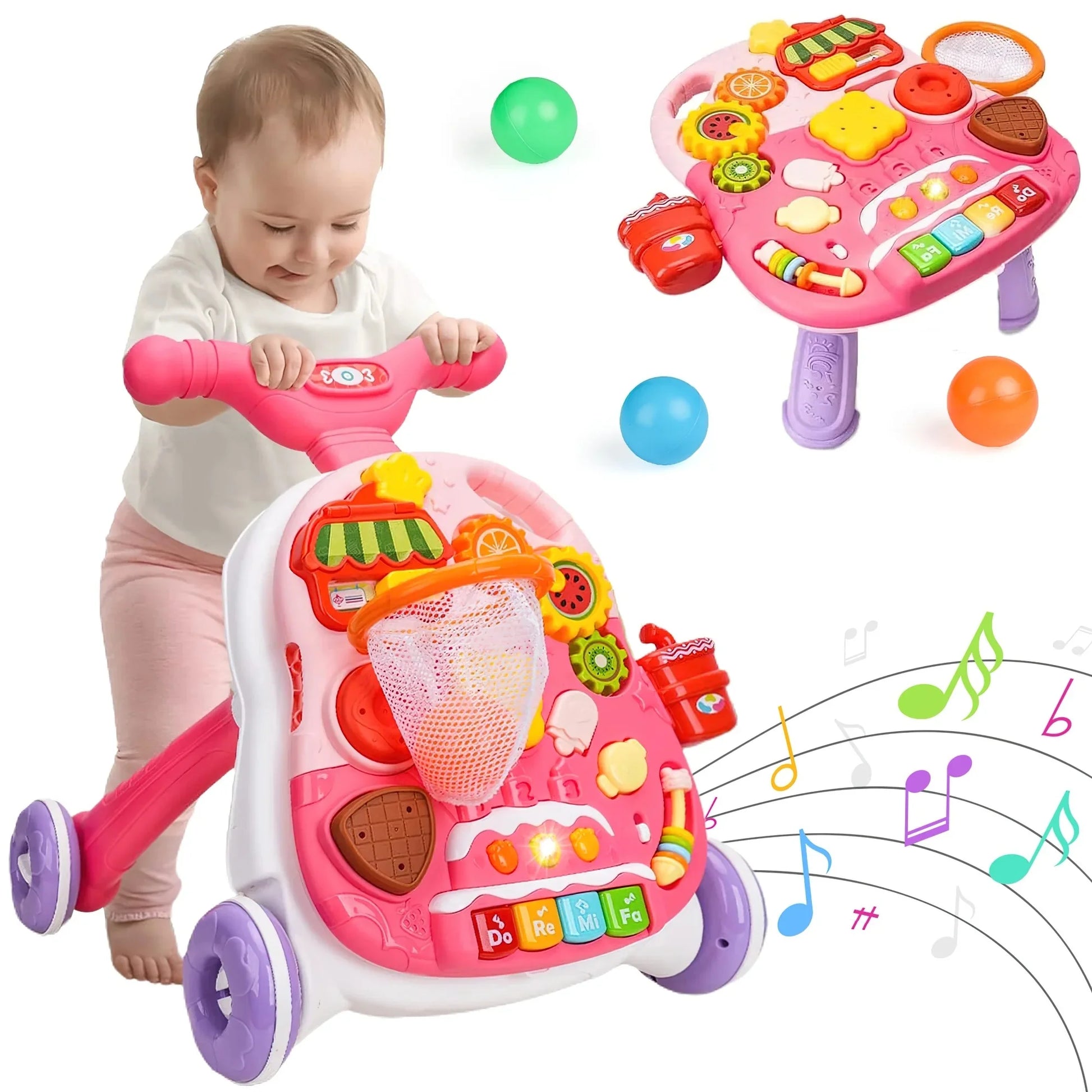 Sit-To-Stand Learning Walker, 2 in 1 Baby Walker and Activity Center, Baby Music Learning Toy, Birhday Christmas Gift for Infant Boys Girls 6 to 18 Months-Pink