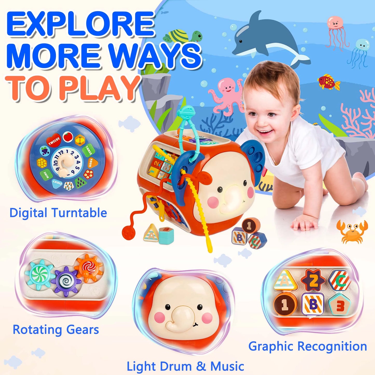 Kids Baby Activity Cube with Music, 20 in 1 Baby Toys for 1 2 Year Old Girls Boy Gifts, Montessori Toys for Toddlers First Birthday Gift, Educational Learning Boy Toys 12-18 Months