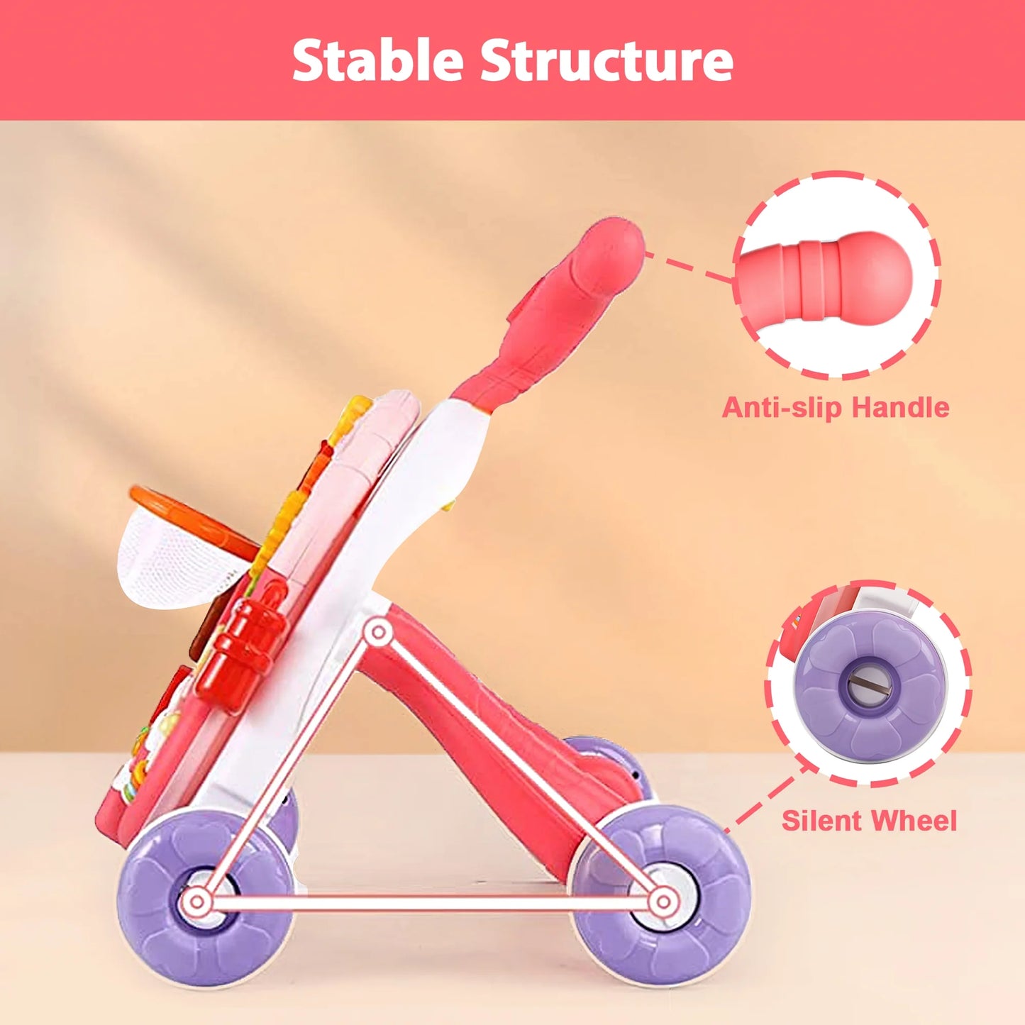 Sit-To-Stand Learning Walker, 2 in 1 Baby Walker and Activity Center, Baby Music Learning Toy, Birhday Christmas Gift for Infant Boys Girls 6 to 18 Months-Pink