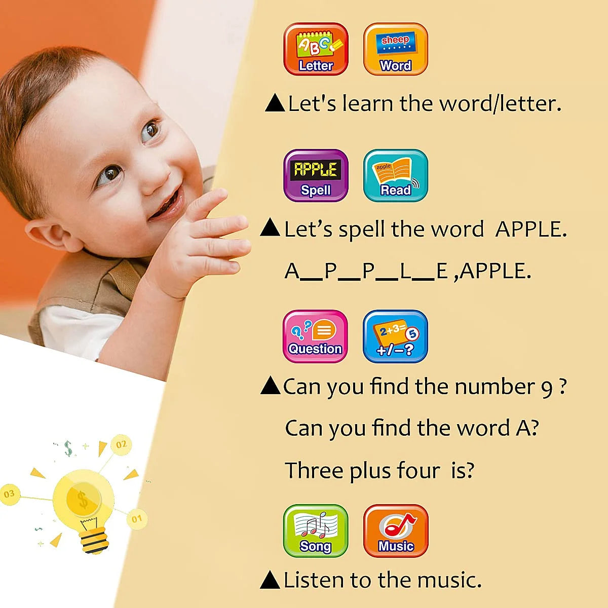 Montessori Learning Toys for 1 Year Old Boys Girls Toddler Touch Tablet Kids Electronic Interactive Toy with ABC Spelling Music Function