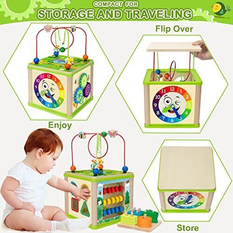 Learning Toys for Toddler 1, 2, 3 Years Old, 5 in 1 Wooden Activity Cube Girl