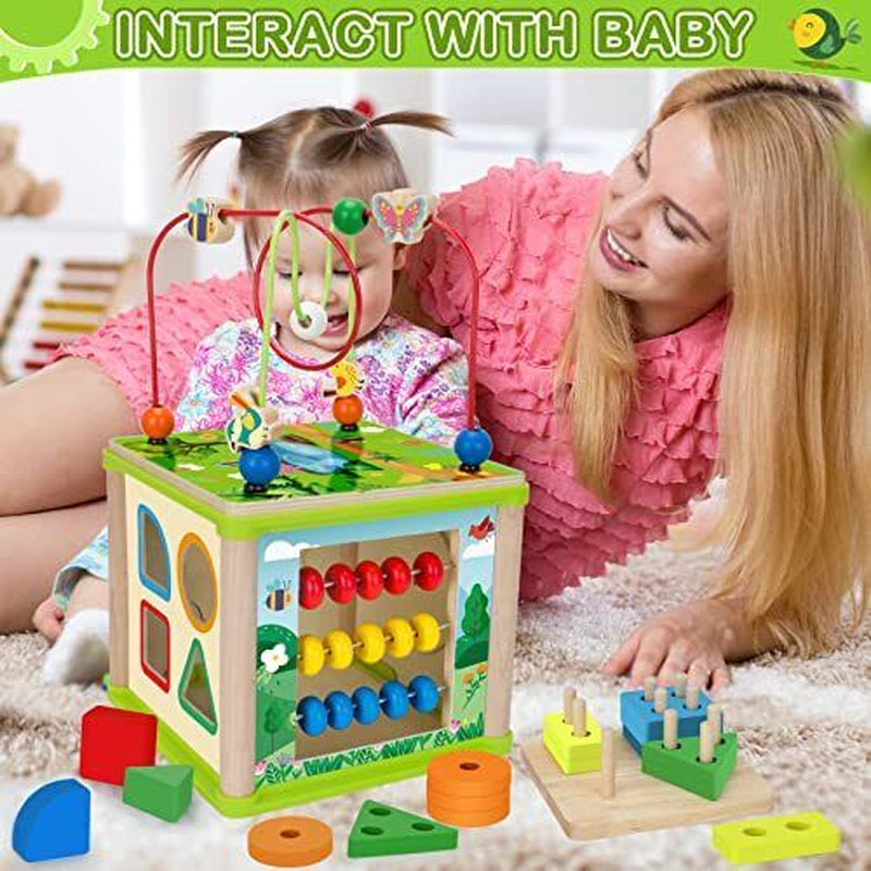 Learning Toys for Toddler 1, 2, 3 Years Old, 5 in 1 Wooden Activity Cube Girl