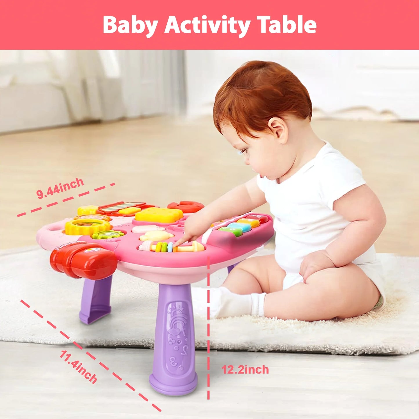 Sit-To-Stand Learning Walker, 2 in 1 Baby Walker and Activity Center, Baby Music Learning Toy, Birhday Christmas Gift for Infant Boys Girls 6 to 18 Months-Pink