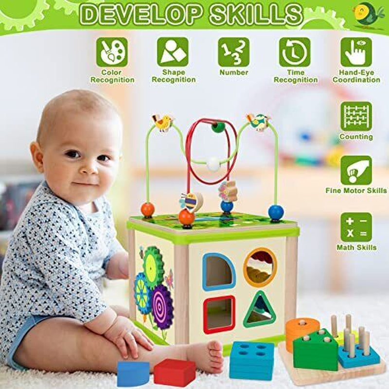 Learning Toys for Toddler 1, 2, 3 Years Old, 5 in 1 Wooden Activity Cube Girl