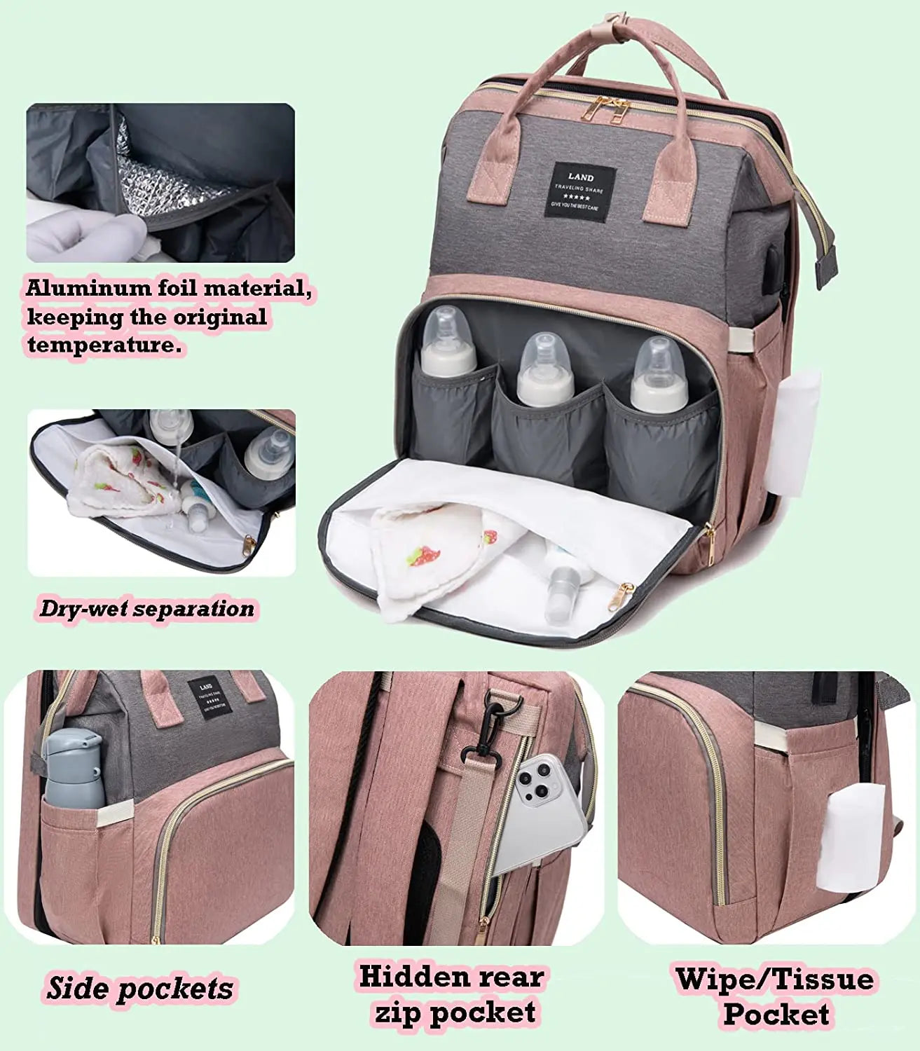 Diaper Bag Backpack Waterproof Large Capacity & Portable Baby Changing Station with Baby Stuff Organizer Baby Shower Gift