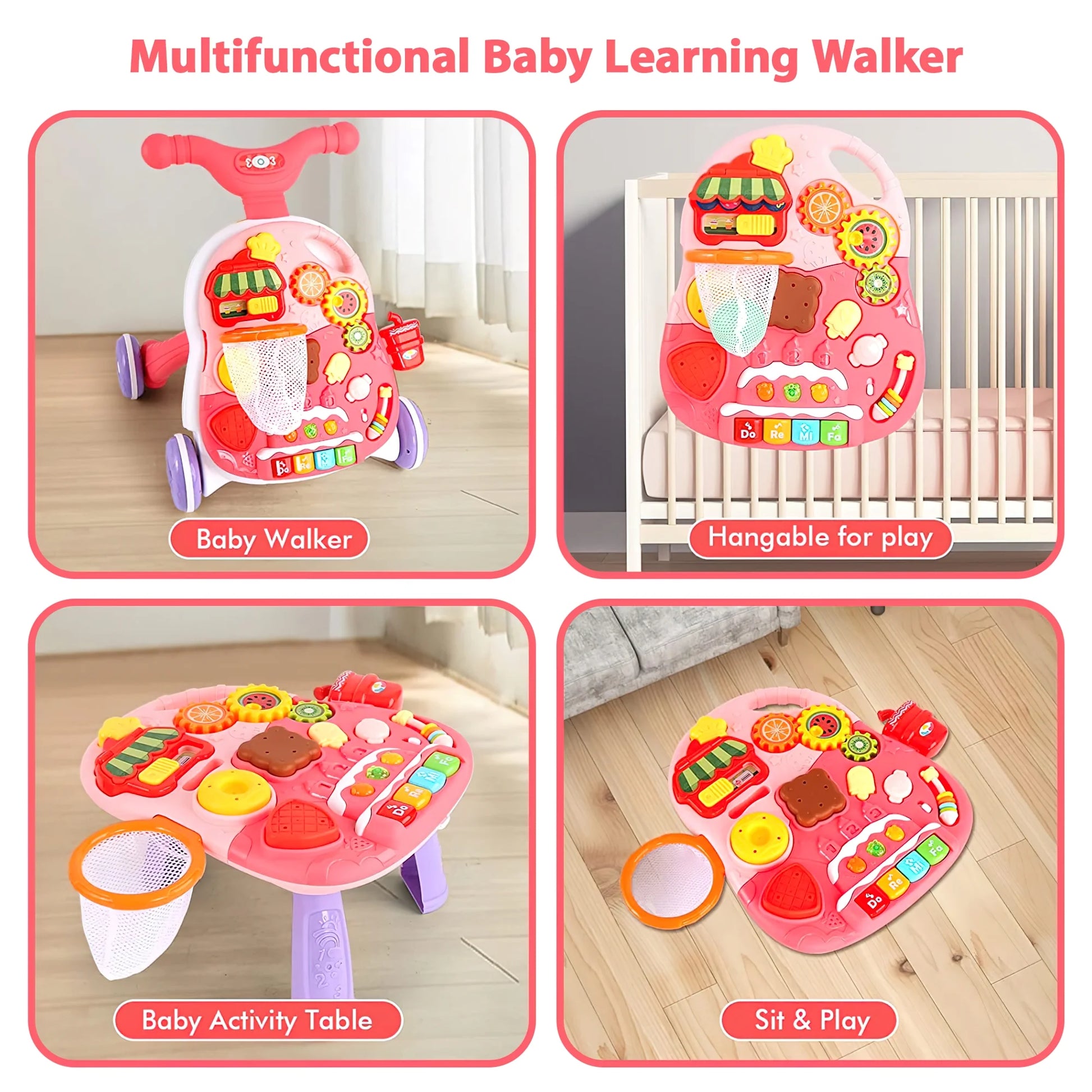 Sit-To-Stand Learning Walker, 2 in 1 Baby Walker and Activity Center, Baby Music Learning Toy, Birhday Christmas Gift for Infant Boys Girls 6 to 18 Months-Pink