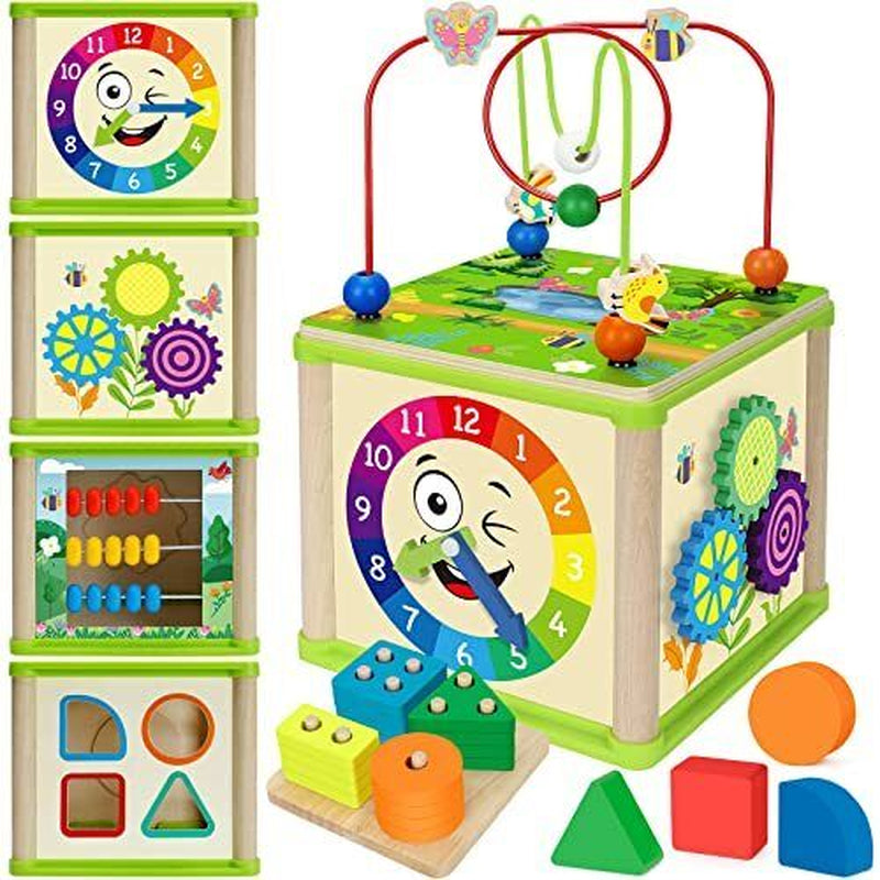 Learning Toys for Toddler 1, 2, 3 Years Old, 5 in 1 Wooden Activity Cube Girl