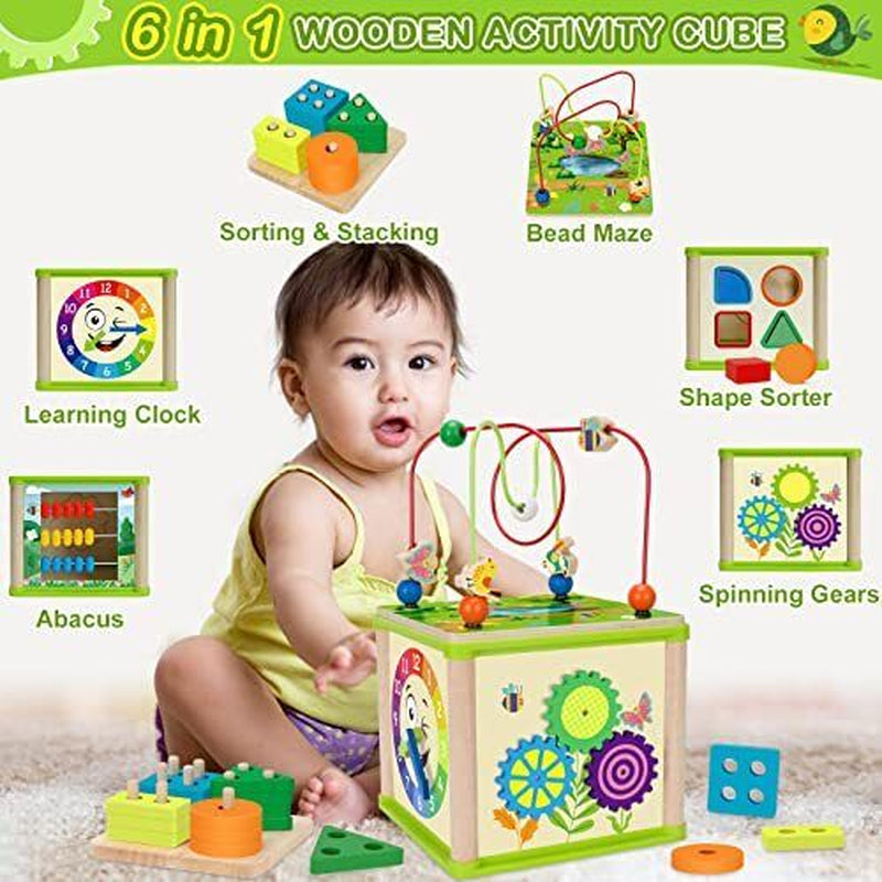 Learning Toys for Toddler 1, 2, 3 Years Old, 5 in 1 Wooden Activity Cube Girl