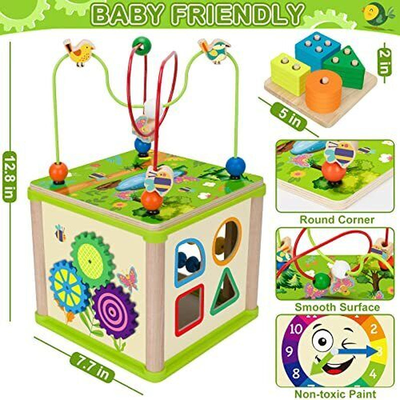 Learning Toys for Toddler 1, 2, 3 Years Old, 5 in 1 Wooden Activity Cube Girl